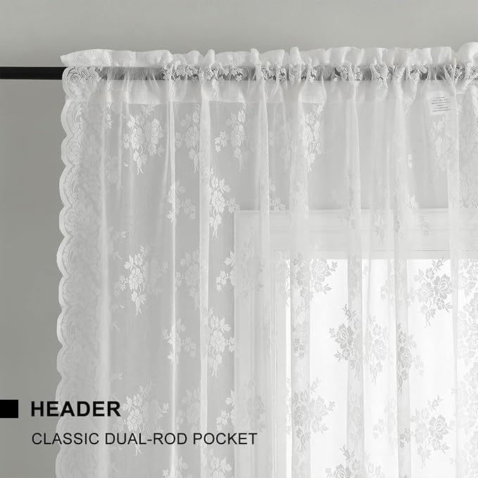 Kotile White Lace Curtains 54 Inch Length 2 Panels Set, Embroidered Rustic Floral Vintage Lace Curtains for Small Windows, Rod Pocket Privacy Sheer Window Curtain, 52 x 54 Inch, 1 Pair, White