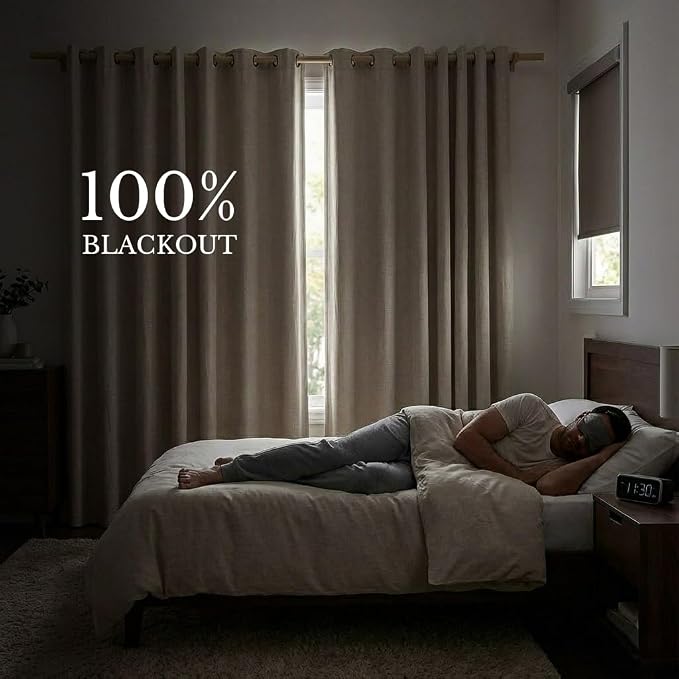 NICETOWN Full Blackout Natural Linen Cold Reducing Curtains 102" Length with Thermal Insulated Liners for Living Room, 2 Panels, 52 inches W, Farmhouse Style Keep Warm Large Window Draperies for Hall