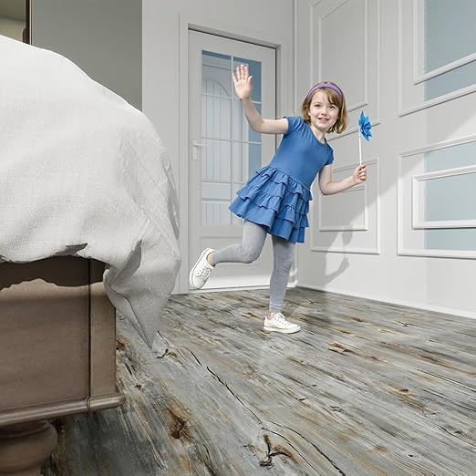 Wood Grain Peel and Stick Floor Tiles – 11.8” Width, Full Roll Length of 118" – Versatile Design for Any Space, Sunwashed Blue Self Adhesive Vinyl Flooring, Waterproof and Non-Slip Features