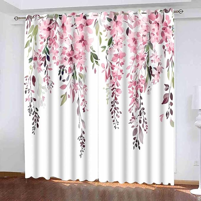 Pink Watercolor Floral Curtains, 42x84 inch, 2 Panels | Botanical Leaves Vine Flowers, Rustic Farmhouse, Blackout Window Treatment, For Bedroom Living Room