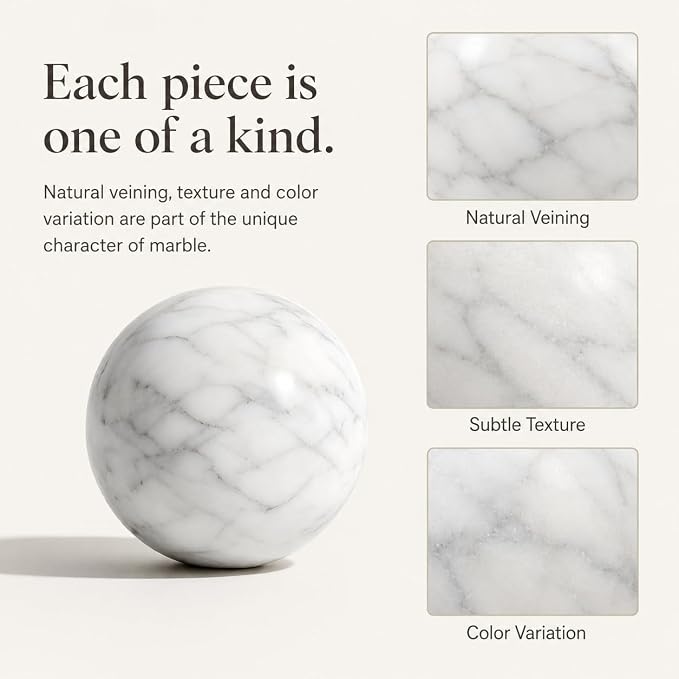 White Marble Decorative Sphere, 8cm Natural Stone Orb | 3.15 in Stone Decor Balls for Coffee Table, Decorative Bowl, Entryway and Console Table Styling