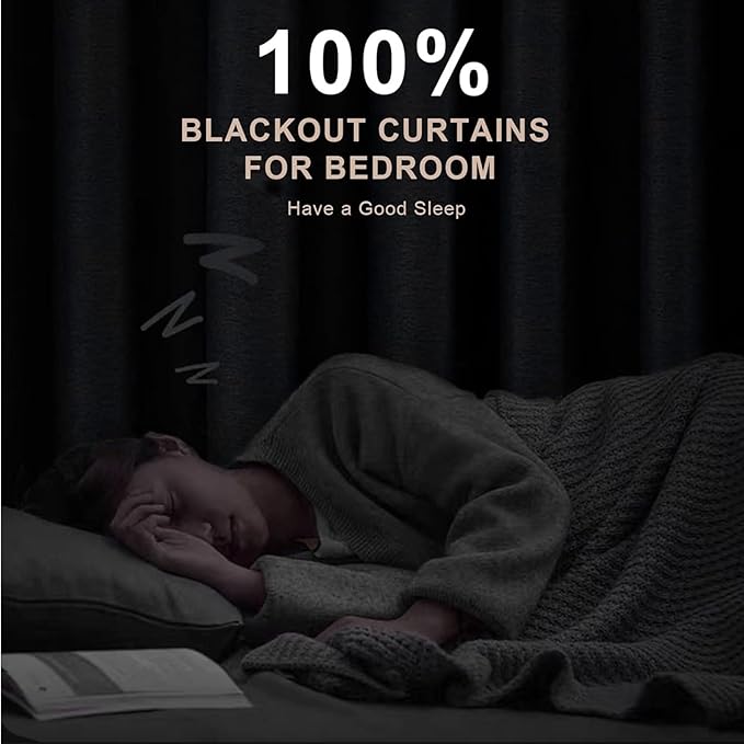 INOVADAY 100% Blackout Curtains 84 Inches Length 2 Panels Set, Back Tab/Rod Pocket Linen Black Out Curtains for Bedroom, Thermal Insulated Window Drapes - Black, W50 X L84