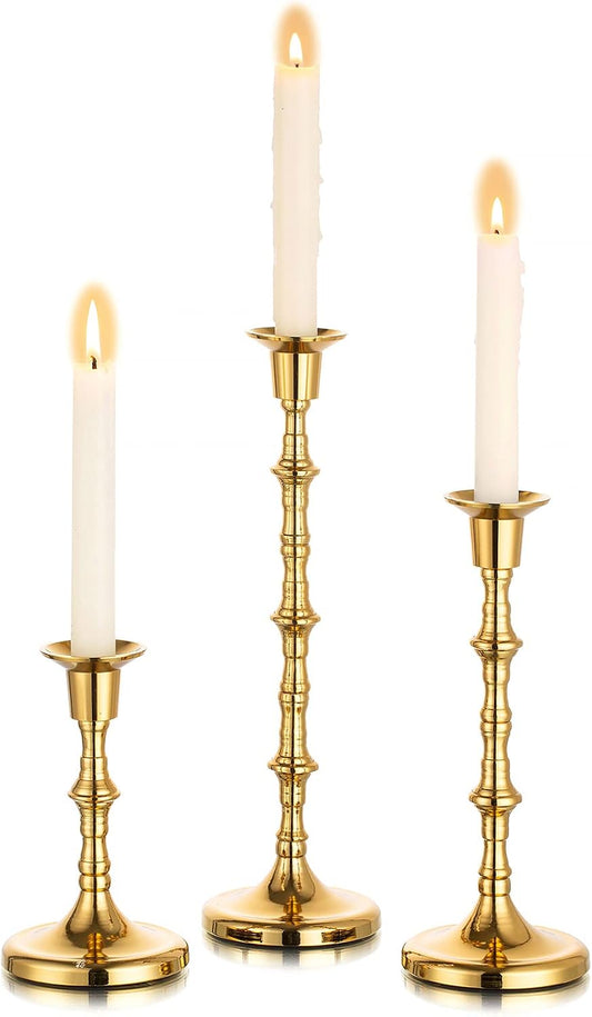 Nuptio Brass Candlestick Holders for Centerpiece: Set of 3 Gold Taper Candle Stick Holders for Home Dining Table Fireplace Decor