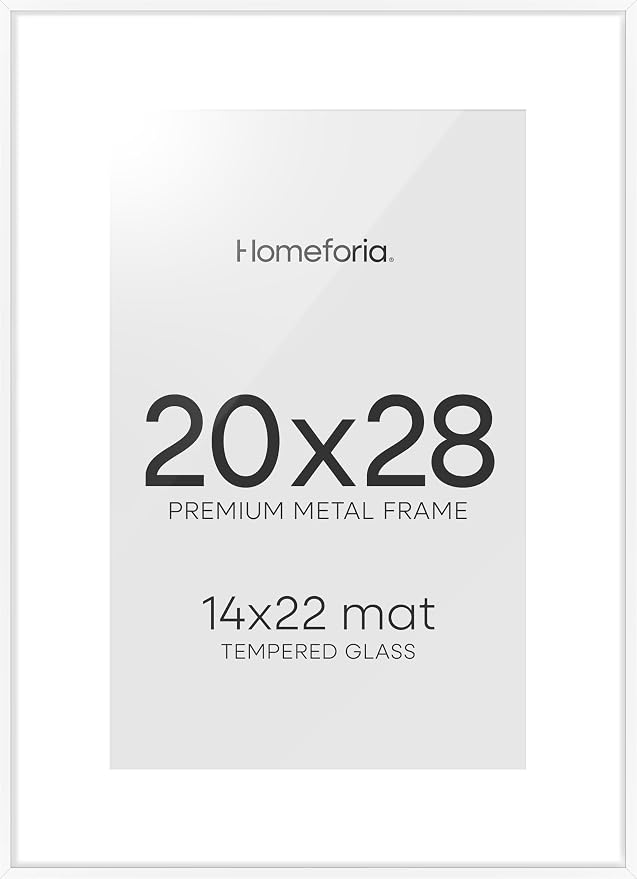 Homeforia 20 x 28 Picture Frame White, High End Metal 20x28 Poster Frames with Mat 14x22 for Photo, 20 x 28 White Frame Matted to 14 x 22 Print, 28x20 Hanging Frame, Tempered Glass, Wall Kit, Set of 2