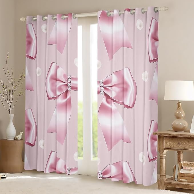 Erosebridal Pearl Bow Curtain Pink Ribbon Bow Window Curtain,Cute Girly Bowknot Window Treatments Luxurious Bow Curtains & Drapes 38" Wx45 L for Kids Girls Teen Women