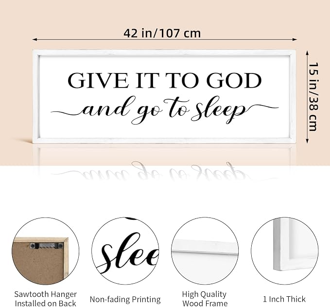 Give It to God and Go to Sleep Sign 42''×15'' Large Above Bed Wall Decor Farmhouse Bedroom Decor Wood Framed Guest Room Decor Wall Art Rustic Master Bedroom Wall Decoration (White)