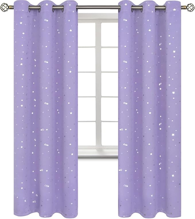 BGment Kids Room Curtains for Bedroom - Grommet Thermal Insulated Silver Star Print Room Darkening Curtains for Living Room, Set of 2 Panels, Lavander, 42 x 84 Inch