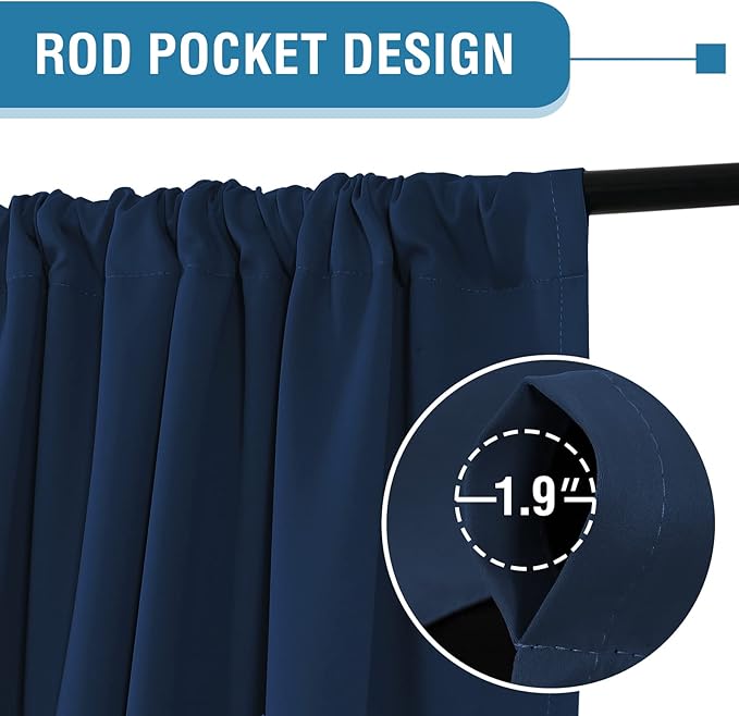 H.VERSAILTEX 100% Blackout Curtains for Bedroom Thermal Insulated Blackout Curtains 96 Inches Long Rod Pocket/Clip Rings Curtains for Living Room with Black Liner 2 Panels, Navy