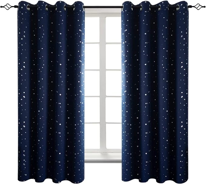 BGment Navy Star Blackout Curtains for Kid's Bedroom - Grommet Thermal Insulated Room Darkening Printed Curtains for Living Room, Set of 2 Panels (46 x 63 Inch, Dark Blue)