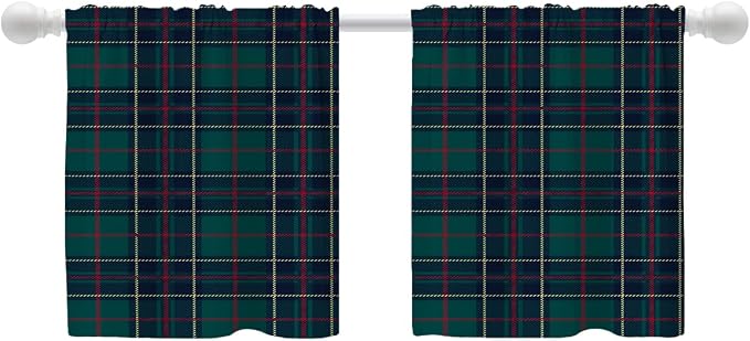 Shrahala Tartan Plaid Tier Curtains for Kitchen Windows,Green Scottish Fabric Kilt Twill Woven Window Curtain Panels Multilayer Polyester Blackout for Living Room Bathroom 2 Pack 26 x 24 in