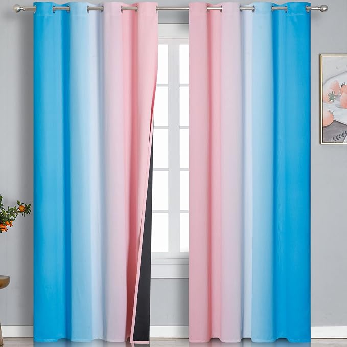 Pink and Blue Blackout Curtains 84 Inches Long,Ombre and Wave Line Pattern Grommet Thermal Insulated Gradient Blackout Curtains for Bedroom,Full Light Blocking Drapes for Kid Room,52x84 Inch,2 Panels
