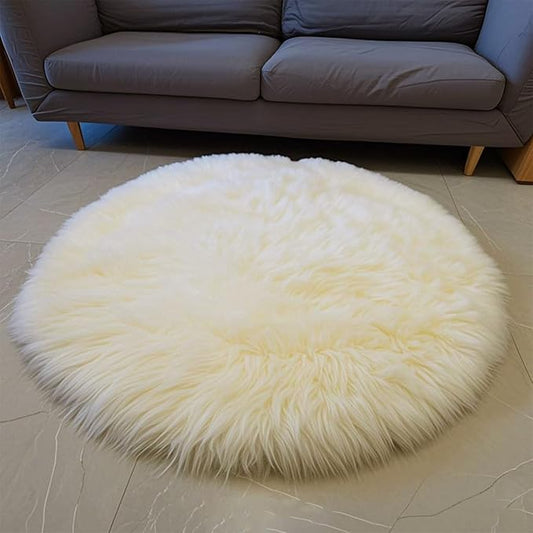 Kopal Round Sheepskin Rug, Real Sheep Skin Fur Rug, Lambskin Area Rug, 3x3 ft, Natural White
