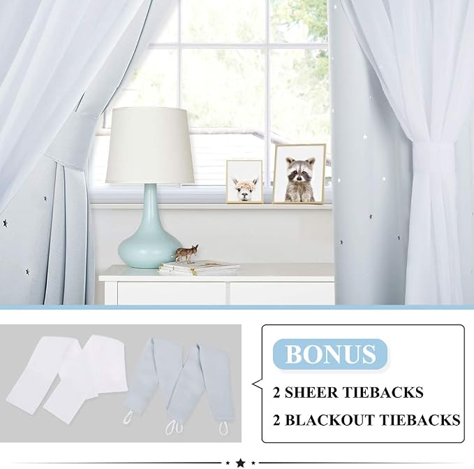 NICETOWN Thermal Insulted Bedroom Curtains, Star Cut Layered Blackout Window Treatment Curtains with Sheer for Thanksgiving (Greyish White, 52W by 95L, 1 Pair)