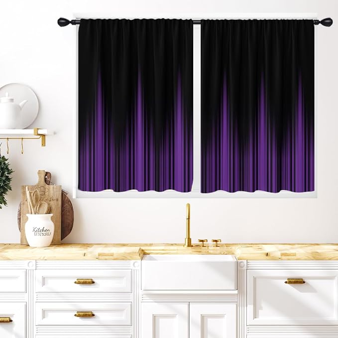 Coxila Purple Ombre Kitchen Curtains 27.5 x 36 Inch, Black Gradient Window Treatment Tiers, Small Short Fabric Rod Pocket Drapes for Bathroom, Aesthetic Gothic Decor, 2 Panels