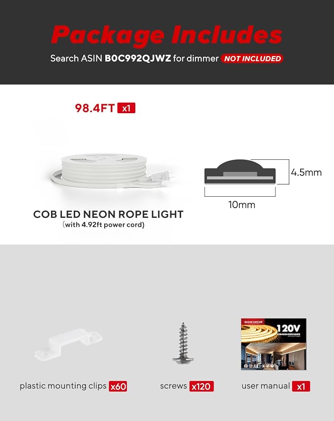 Shine Decor COB LED Rope Light AC 120V, 800lm Ultra Bright, IP65 Waterproof Cold-Resistant ETL Neon Strip, No Driver Tape Lighting for Home Commercial 10x4.5mm, 2800K Warm White, 98.4ft