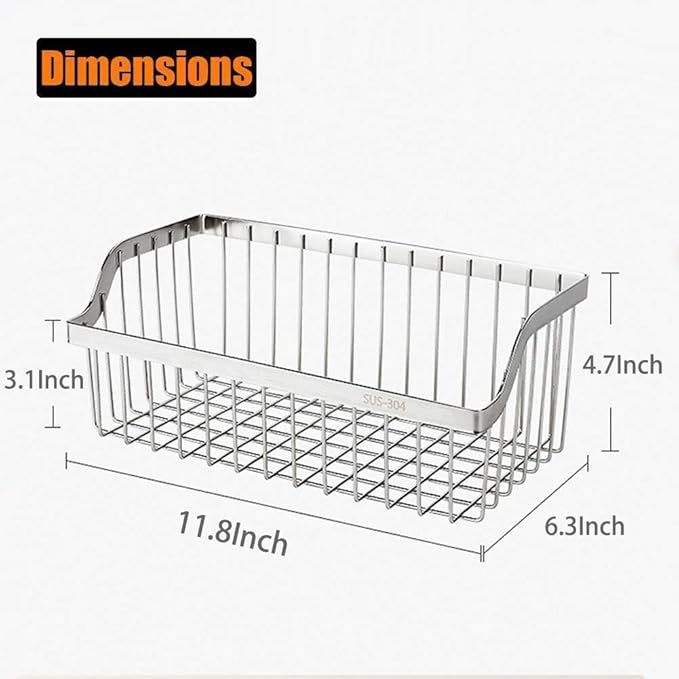 2PCS Kitchen Storage Metal Wire Fruit Basket - SUS304 Stainless steel Organizer Storage Bin Baskets for Bathroom - Space Saving Design for Pantry Organization, Spice Rack,Self Adhesive（Silver）