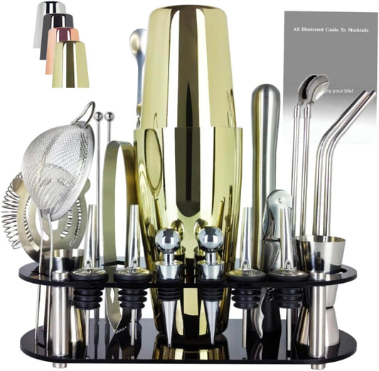 22-Piece Cocktail Shaker Set, 25/20oz Bartender Kit, Bartending Stainless Steel Bar Tools Sets for Drink Mixing, Boston Cocktail Shakers with Stand Recipes Booklet (Rose Copper-25-20oz)