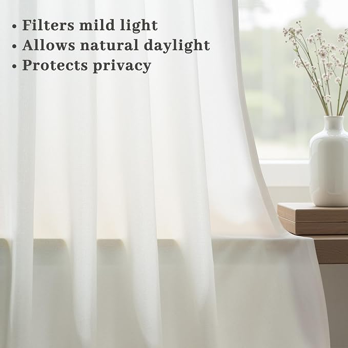 Beige White Thick Linen Sheer Curtains 84 Inches Long for Bedroom,Neutral Modern Window Pinch Pleat Living Room Curtain for Sliding Glass Doors Light Filtering with Hooks 40" x 84"x 2Panels