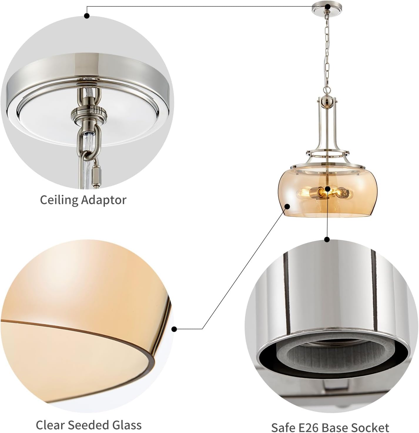 WUZUPS Nickel Chandelier Rustic Farmhouse Industrial Round Ceiling Pendant LED Light Fixture with Amber Glass Shade for Dining Room Kitchen Island Foyer Entryway, H 20.9" W 15.9", E26 Base