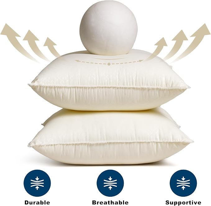 16 x 16 Throw Pillow Inserts - Soft and Plush, Virgin Fiber Filling, Decorative Pillows for Couch Sofa Bed, Machine Washable - White, Pack of 2