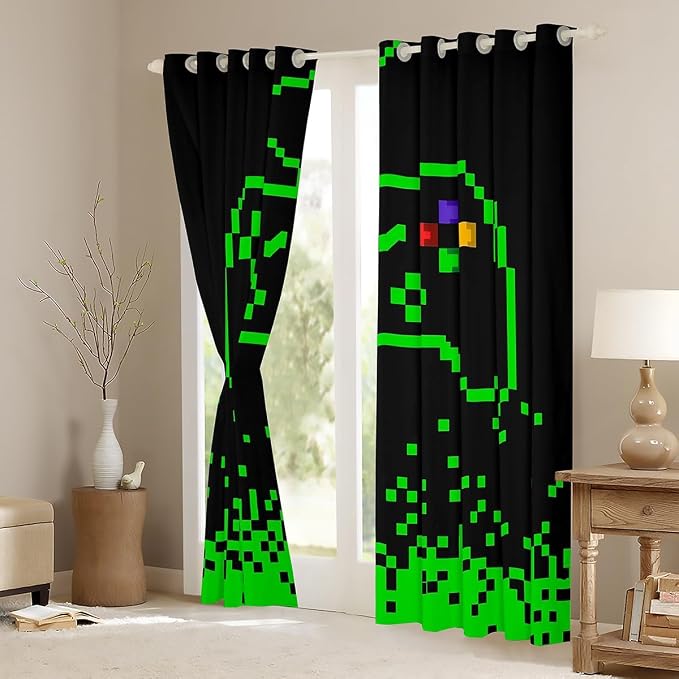 Video Games Window Curtain,Miner Pixel Games Window Treatment Curtain for Boys Kids Teens Bedroom 100% Blackout Neon Green Block Building Curtains Modern Black Living Room Decor Top 2 Panels,42Wx84L