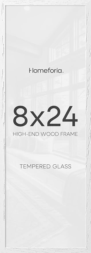 Homeforia 8x24 Panoramic Frame White, High End Oak 8 x 24 Picture Frames Wood without Mat, 24x8 Thin Hanging Wooden Poster Frame for Wall, 8by24 Display Photo Frame, Tempered Glass, Wall Kit, Set of 1