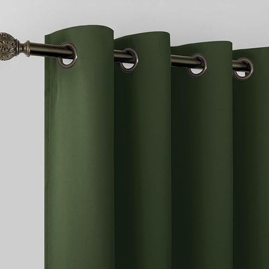 KOUFALL Dark Olive Green Blackout Curtains 84 Inches Long Moss Green Vintage Curtain with Bronze Gold Grommets,Natural Boho Mid Century Modern Curtains & Drapes for Living Room Bedroom