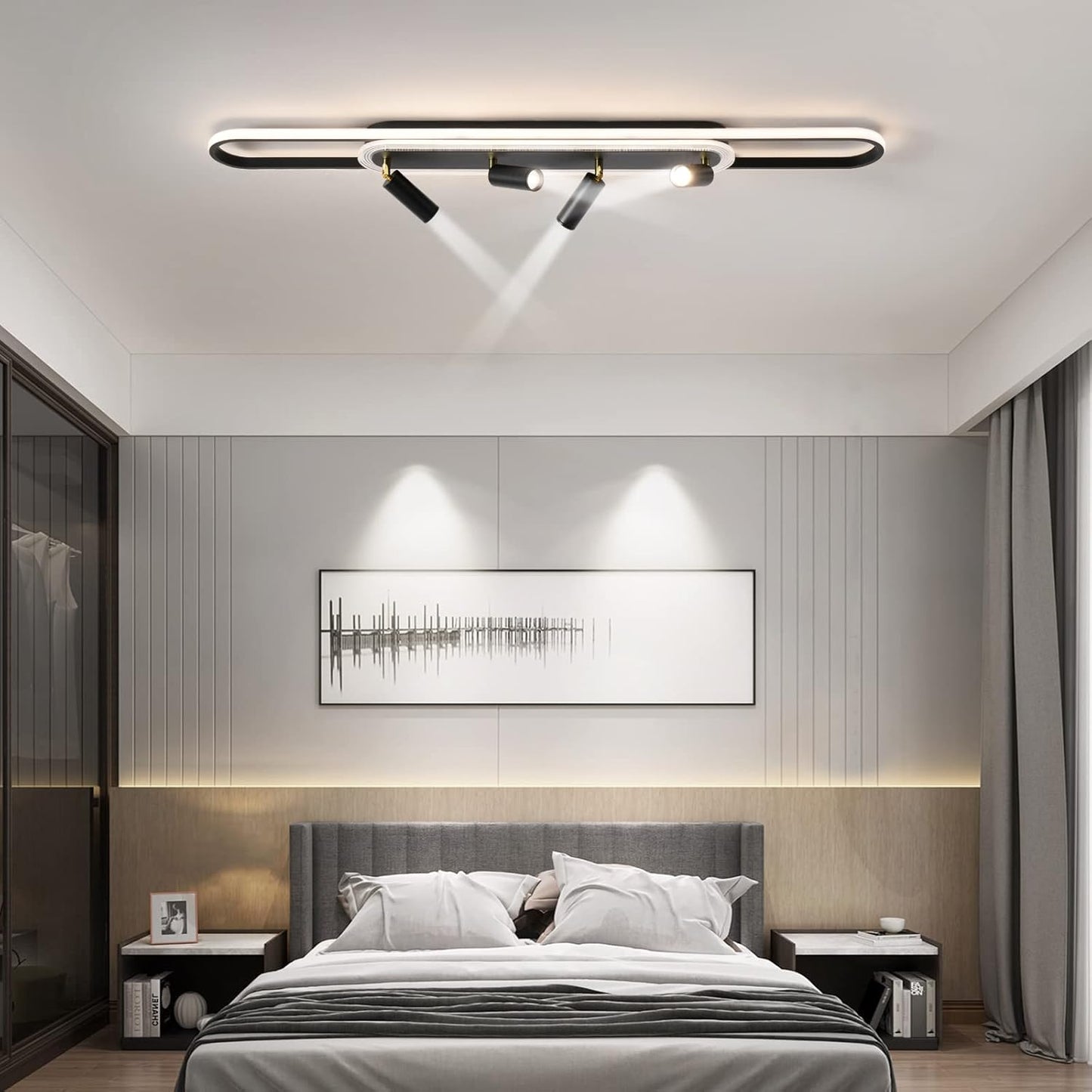 Modern LED Ceiling Light 6-Light track light Spotlight Frosted Black Geometric Ceiling Light Lighting Fixture Dimmable Remote Control Living Bedroom Kitchen Dining Room Fixture