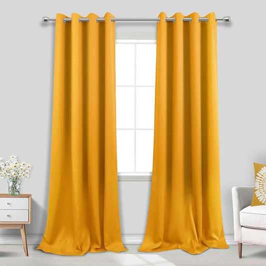 KOUFALL 108 Inch 9FT Room Darkening Curtains, Grommet Drapes for Living Room Bedroom, 2 Panels Set, 9 FT Length 52'' W x 108'' L Inches, Mustard Yellow