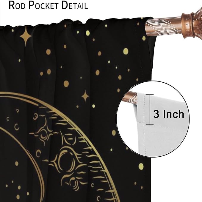 Gold Sun and Moon Blackout Windows Curtains, Fantasy Mandala Bohemian Universe Galaxy Printed Curtains, for Living Room Bedroom 42x45in 2 Panels