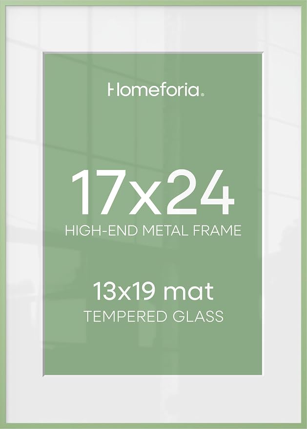 Homeforia 17x24 Picture Frame Sage Green, High End Metal 17x24 Poster Frames with Mat 13x19 Photo, 17 x 24 Sage Green Frame Matted to 13 by 19 Art, 24x17 Thin Frame, Tempered Glass, Wall Kit, Set of 1