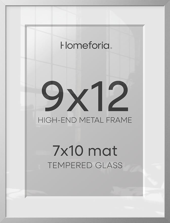Homeforia 9x12 Picture Frame Silver, High End Metal 9 x 12 Frames with Mat 7 by 10 inch Photo, 9by12 Poster Frame Matted to 7x10 Print, 12x9 Wall or Tabletop Frames, Tempered Glass, Wall Kit, Set of 3