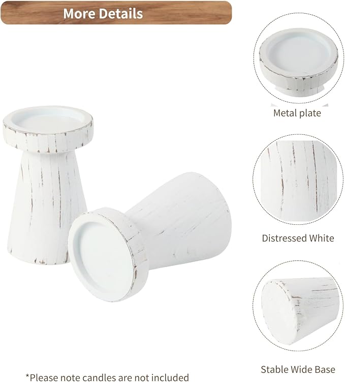 Wood Candle Holders for Pillar Candles, Set of 2 Vintage Rustic Tall Modern Farmhouse Decor, Decorative Wooden Candlestick Stand for Fireplace Mantel, Table Centerpiece - Distressed White