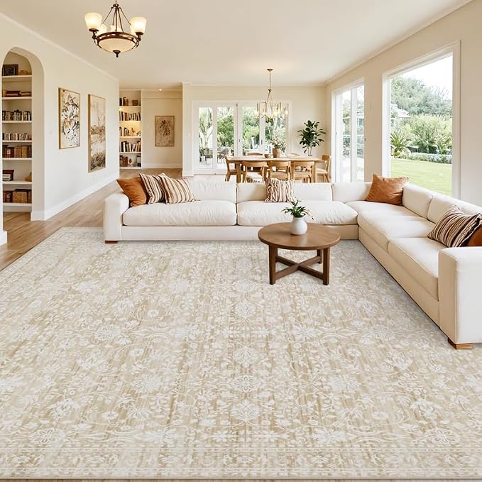 Area Rugs 9x12 Living Room: Vintage Boho Neutral Washable Rug Indoor Soft Large Area Rug Carpet for Bedroom Nursery Farmhouse Dining Room Office Floor Non-Slip Low Pile Under Table Natural Beige