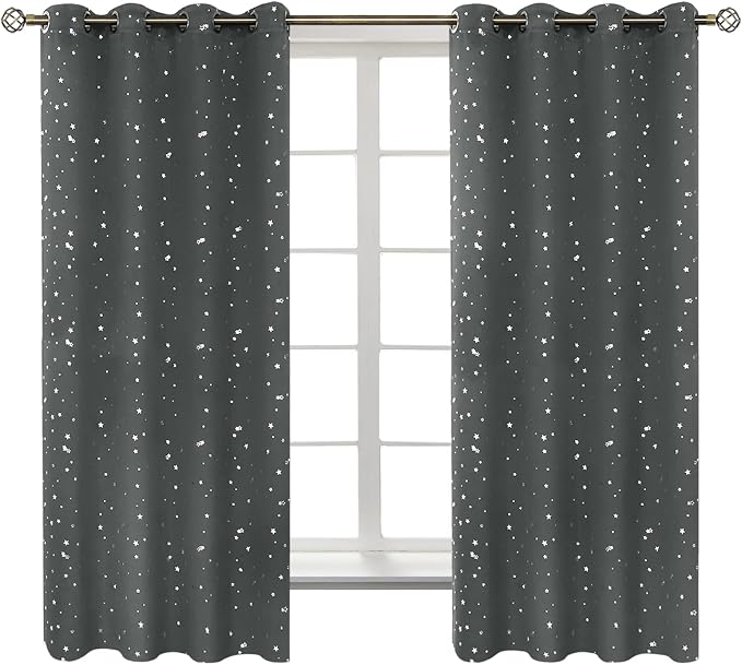BGment Kids Blackout Curtains for Bedroom - Grommet Thermal Insulated Silver Star Print Room Darkening Curtains for Living Room, Set of 2 Panels (52 x 63 Inch, Dark Grey)