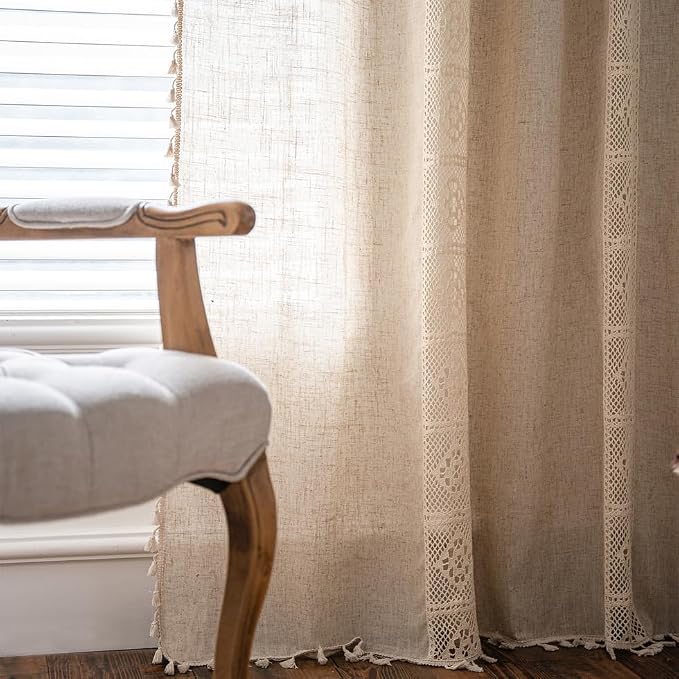OYX Boho Curtains Crochet Lace Patchwork Semi-Blackout Bohemian Handmade Tassels, Rod Pocket Window Treatment Vintage Rustic Farmhouse Drapes for Living Bedroom, 2 Panel 52" W x 84" L, Beige
