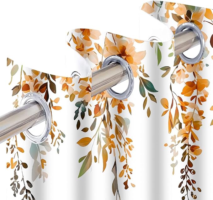 Orange Watercolor Floral Curtains, 42x63 inch, 2 Panels | Botanical Leaves Vine Flowers, Rustic Farmhouse Style, Blackout Window Treatment, For Bedroom Living Room