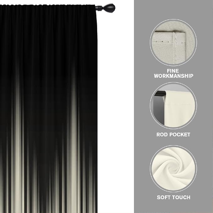 Coxila 100% Blackout Black and Beige Curtains 42x63 inch, Thermal Insulated Gothic Ombre Drapes for Bedroom, Modern Gradient Simple Stripe Pattern, Dark Gothic Men Decor, Rod Pocket Set of 2 Panels