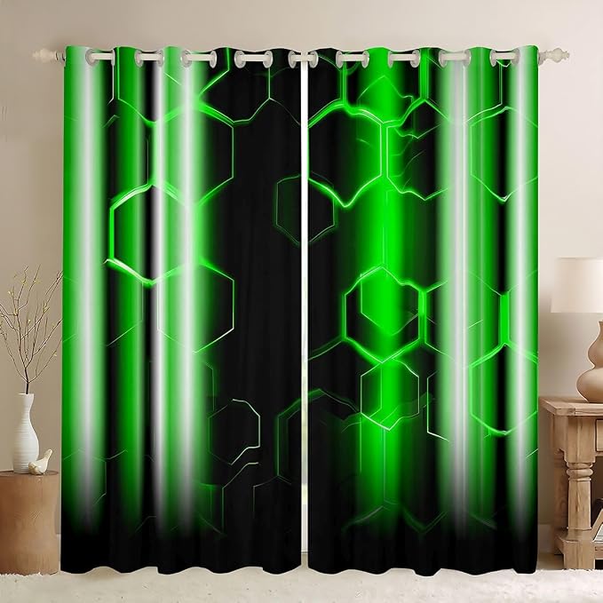 jejeloiu Honeycomb Curtains (2 Panels, 42 x 63 Inch) Modern Hexagon Theme Green Curtains Strip Lines Darkening Dreapes Modern Gradient Black Green Window Treatments Blackout