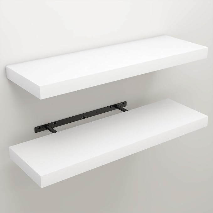 White Floating Shelves for Wall, 9.3" Deep Wall Mounted Wood Shelves for Bathroom, Bedroom, Living Room, Kitchen, Hanging Shelf for Books/Storage/Room Decor (White 30")