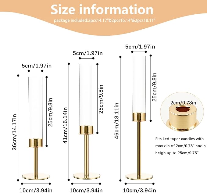 6PCS Acrylic Candle Holder for Table Centerpiece | Metal Tall Candle Holder with Acrylic lampshade for Wedding,Party, Birthday Decorations (Gold)