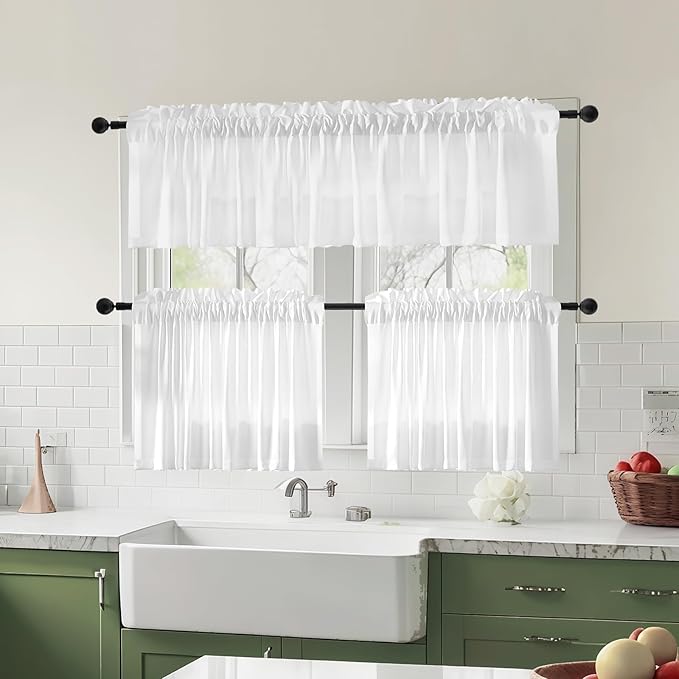 Anmao Non-See-Through Valance Kitchen Curtains 24 Inch Length 2 Panels Set, Bright White Privacy Light Filtering Semi Sheer Over Sink Short Cafe Curtain Tiers for Small Windows, 25W x 24L, Pure White