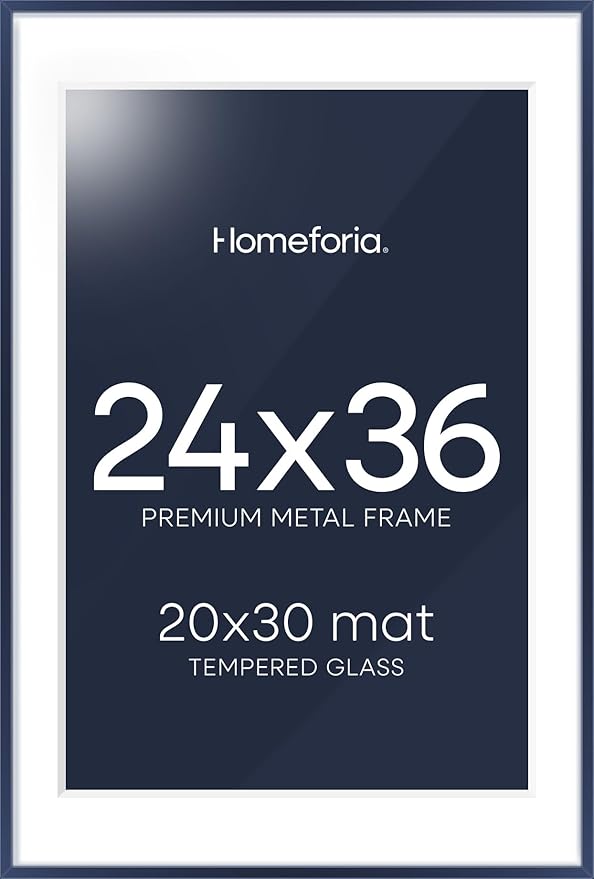 Homeforia 24x36 Navy Blue Picture Frame, High End Metal 24x36 Large Poster Frames with Mat 20x30 inch Photo, 24 x 36 Thin Frame Matted to 20 x 30 Print, 36x24 Frame, Tempered Glass, Wall Kit, Set of 2