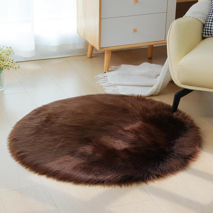 Faux Fur Rug 3 x 3 ft Round Coffee Shaggy Sheepskin Rug Soft Fluffy Plush Carpet Fuzzy for Bedroom Living Room Floor Nursery Kids Room Bedside Rugs