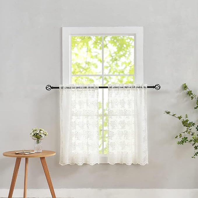 YJ YANJUN Vintage Lace Curtains 24 inch Length 2 Panels Retro Floral Rv Drapes for Camper Windows Cream Kitchen Window Curtains Over Sink Bistro Sheer Panels for Narrow Windows 26" x 24" Ivory