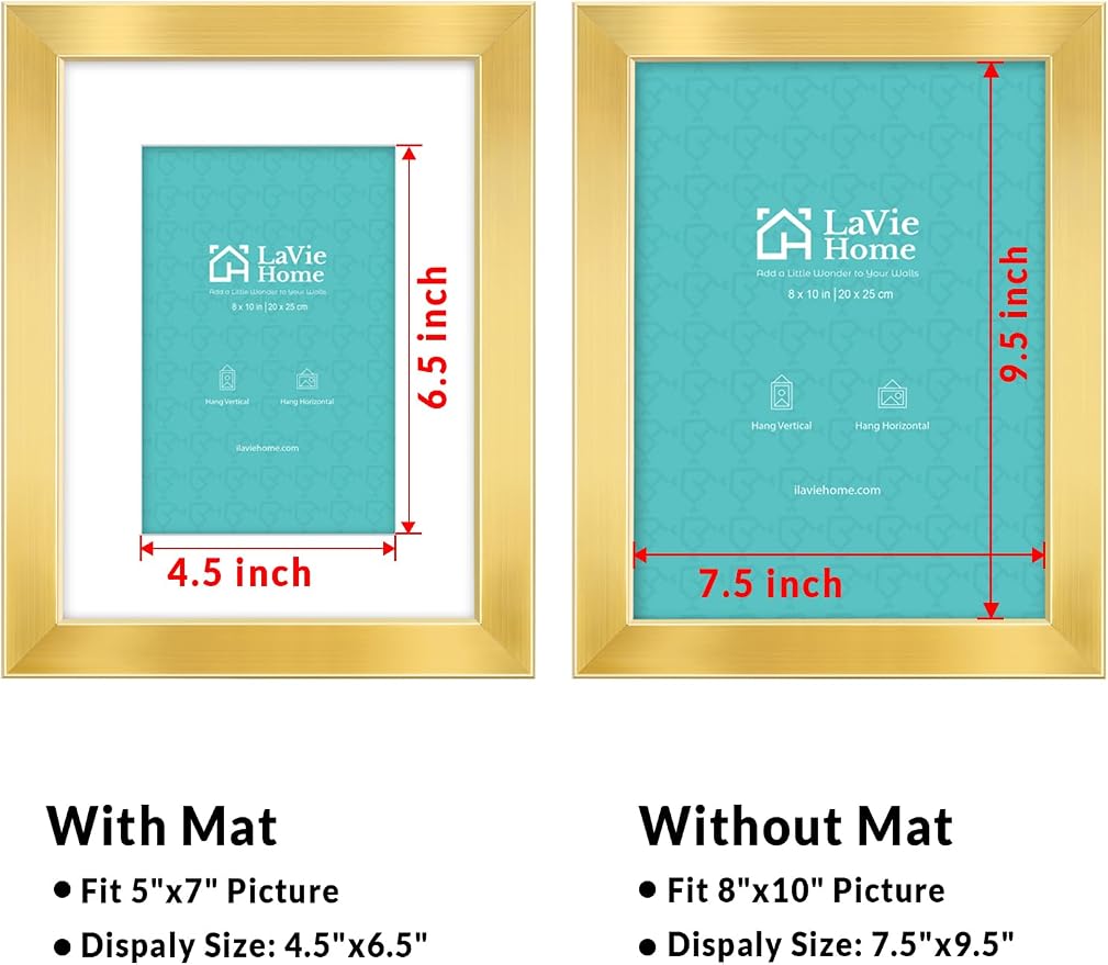 LaVie Home 8x10 Picture Frame Gold, 8 x 10 Frame with High Definition Plexiglass, Horizontal or Vertical Wall Wood Gallery Picture Frames Suitable for Picture Display, 1pc