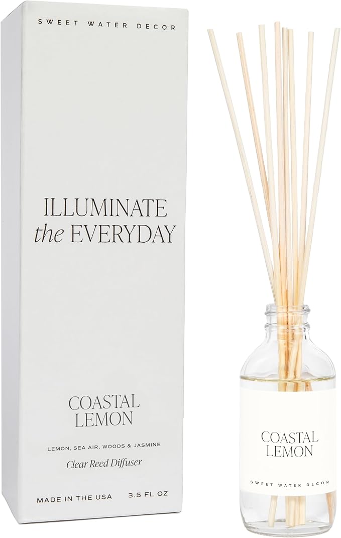 Sweet Water Decor Coastal Lemon Clear Reed Diffuser – Room Decor Aesthetic with Long-Lasting Premium Fragrance of Lemon, Sea Salt, Jasmine & Driftwood for 4 Months – Ideal for Home Décor