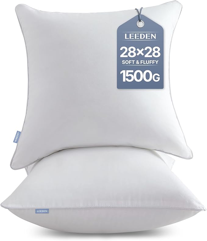 Leeden 28 x 28 Pillow Inserts (Set of 2) - Throw Pillow Inters with 100% Cotton Cover - 28 Inch Square Decorative Pillows for Sofa, Couch, Bed and Home Decor