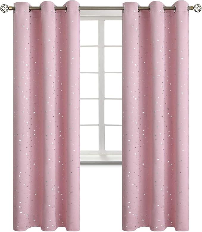 BGment Kids Blackout Curtains for Bedroom - Grommet Thermal Insulated Silver Star Print Room Darkening Curtains for Kids Room, Set of 2 Panels, 42 x 84 Inch, Baby Pink