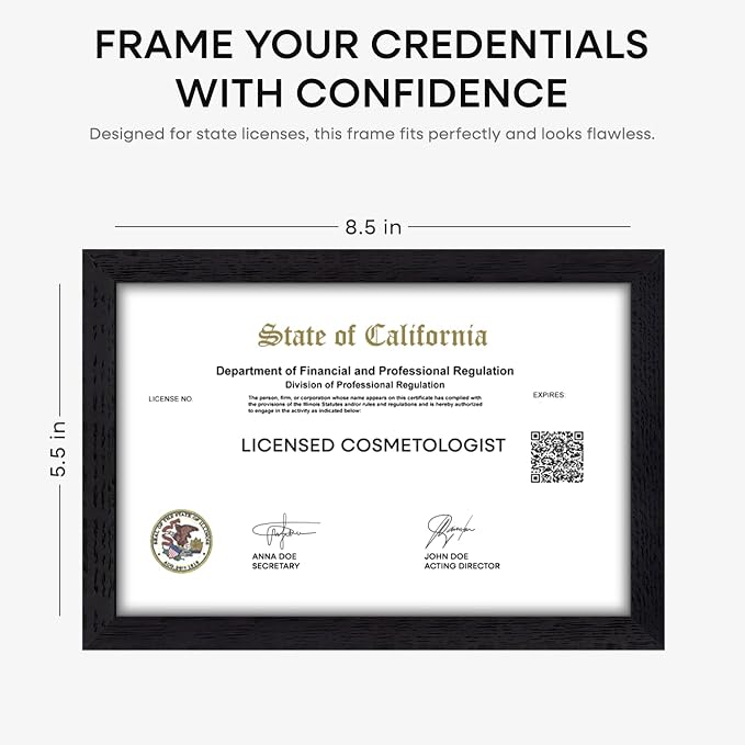 Homeforia 5.5x8.5 Business License Frame Black, High End Oak 5.5 by 8.5 Wood Certificate Frame, 8.5 x 5.5 Document Frame for Wall or Tabletop, Wooden Picture Frames, Tempered Glass, Wall Kit, Set of 2